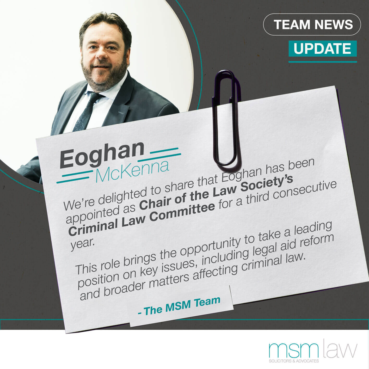 Eoghan McKenna appointed as Chair of the Law Society Criminal for the third time